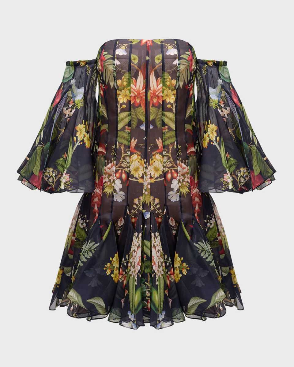 Off-The-Shoulder Floral And Fauna Gazar Mini Dress